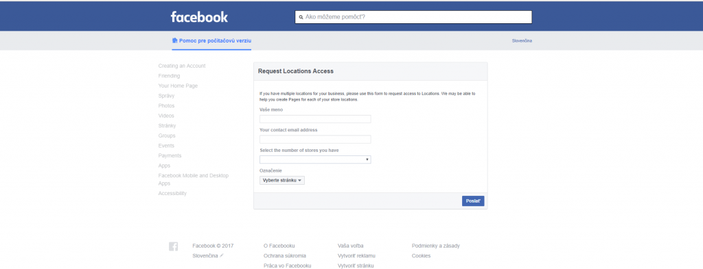 žiadosť o sprístupnenie facebook business locations